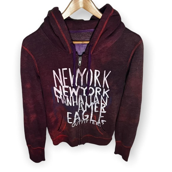 Tie Dyed Upcycled AEO New York Manhattan Purple Long Sleeve Full Zip Hoodie Sz M - Picture 12 of 12